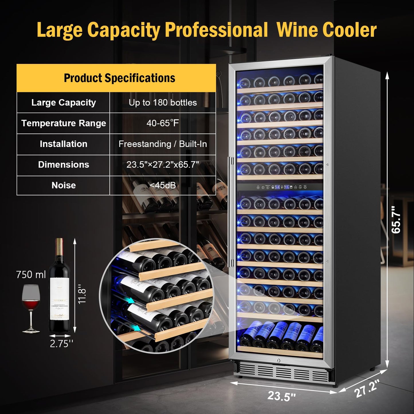 FoMup 24 Inch Wine Cooler 180 Bottle Dual Zone Fridge